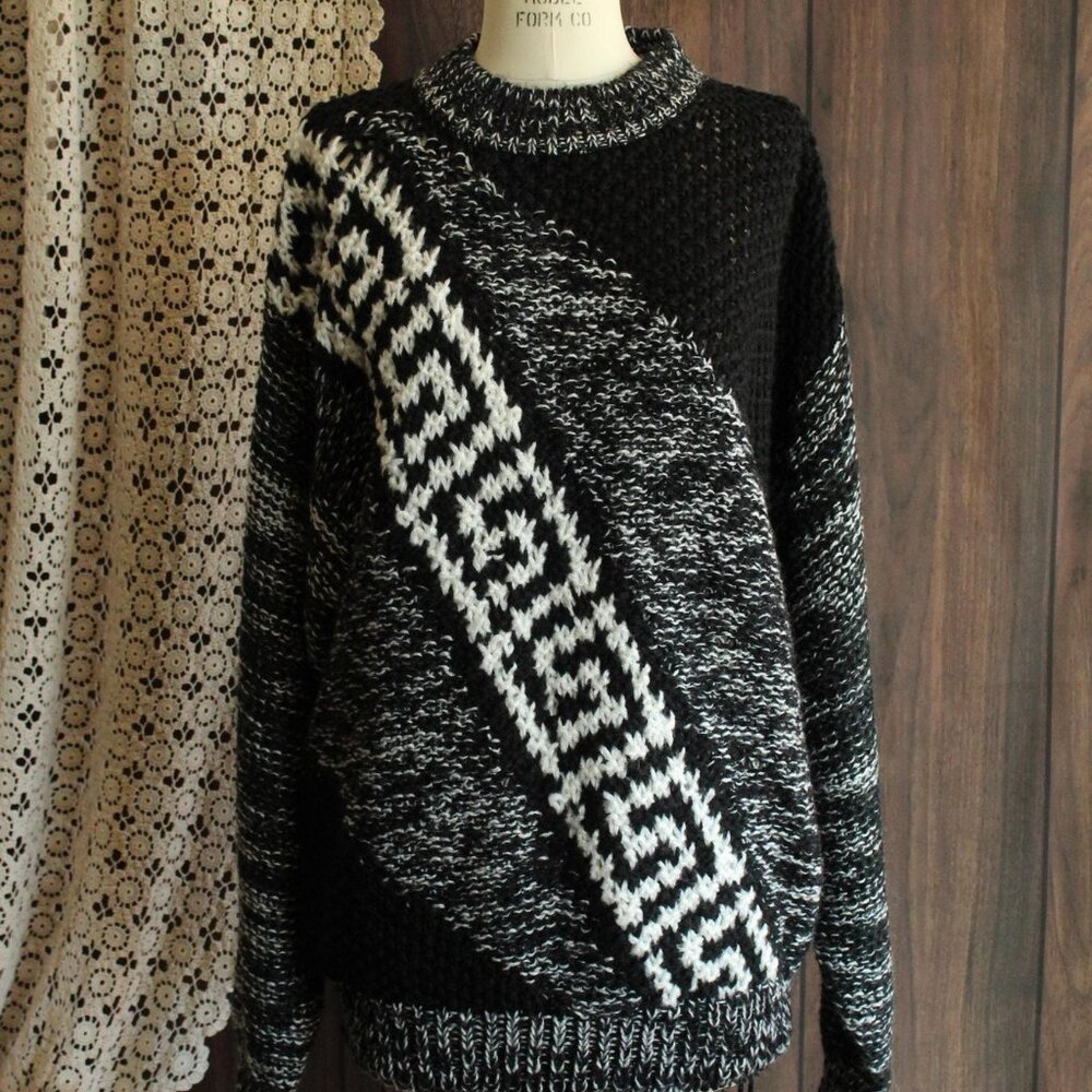 Vintage 1980s Mens Sweater, Fuze Black and White Unisex Jumper, Geometric Print - Picture 2 of 10